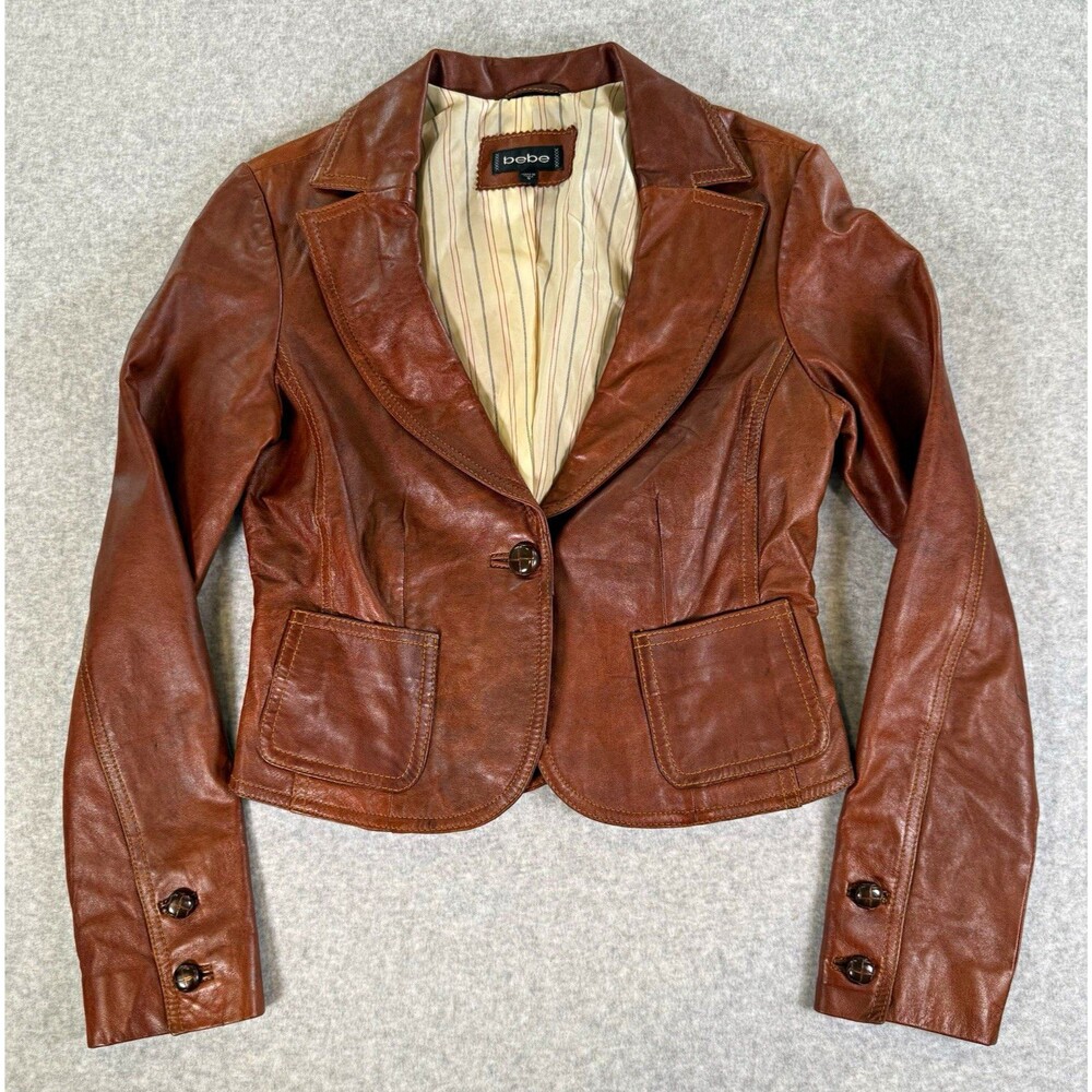 Bebe Brown Leather Jacket Womens S Fitted Blazer Shrunken Crop Single Button Y2K